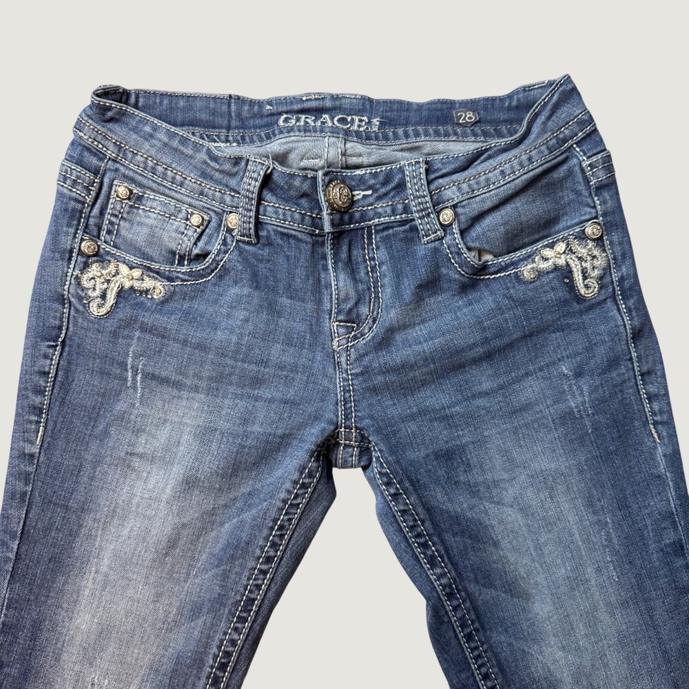 Grace in LA Jeans Women 28 Straight Leg Blue Embellished Embroidered Star Pocket